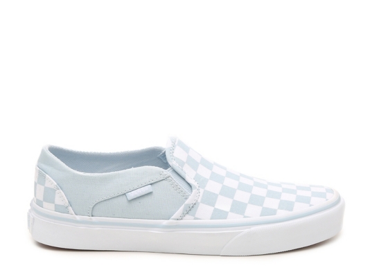 blue checkered slip ons