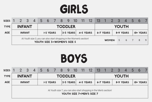 us girl shoe size chart
